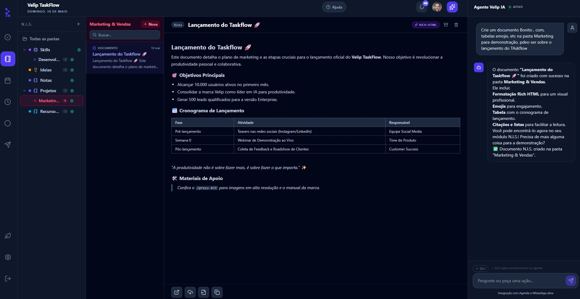 Velip TaskFlow: Base de conhecimento com documento aberto, pastas hierárquicas e Velip AI no painel lateral