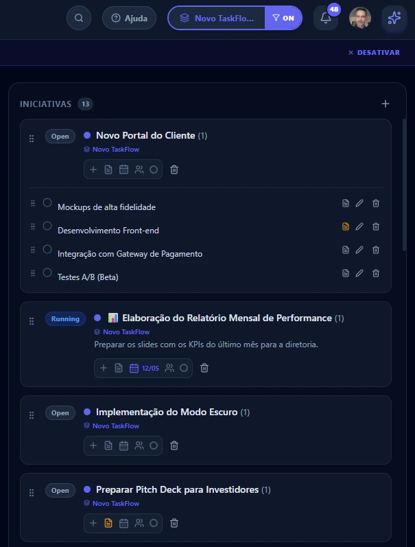 Velip TaskFlow: Coluna do board com cards, subtarefas e etiquetas de fluxo