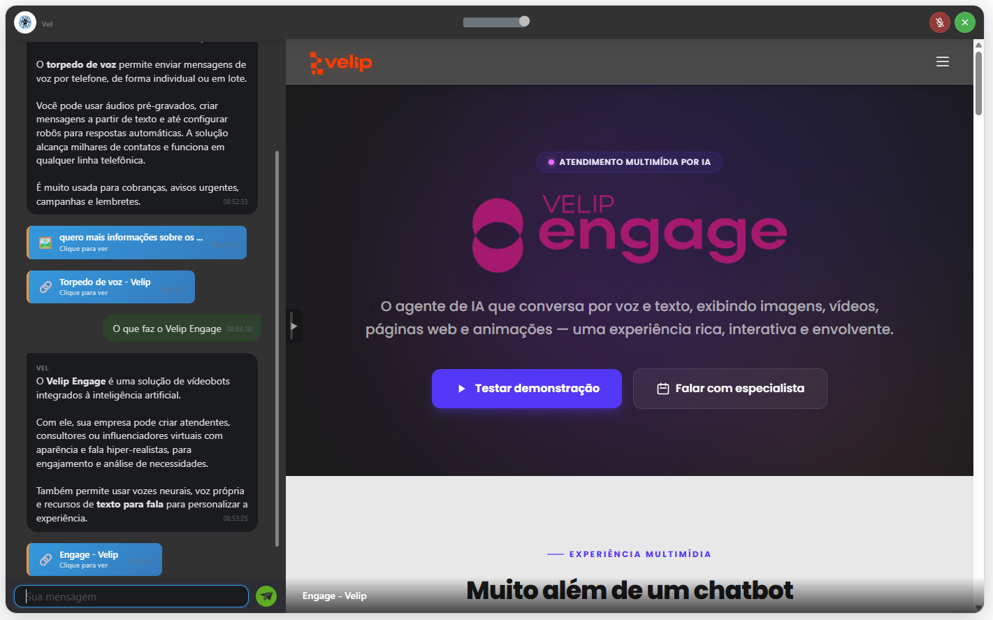 Velip Engage — AI Agent chatting with a customer in real-time via multimedia chat
