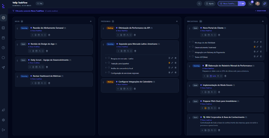 Velip TaskFlow — Board kanban com colunas Hoje, Próximas e Iniciativas mostrando cards com workflow tags