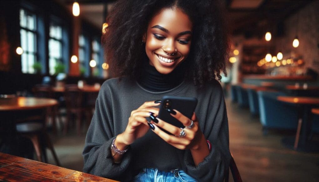 Mulher negra, jovem e descolada digitando no celular