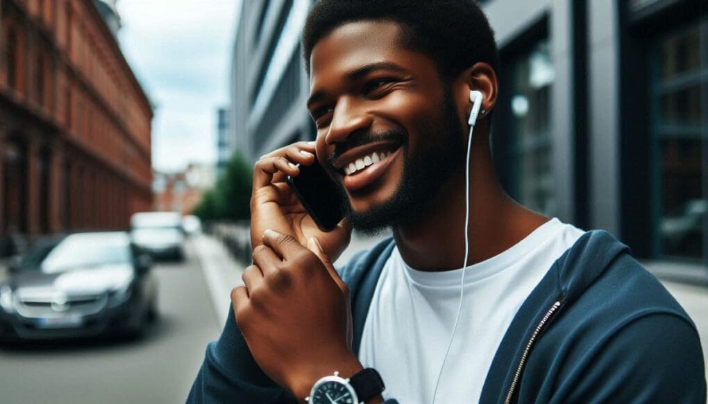 Homem atende celular com sorriso no rosto