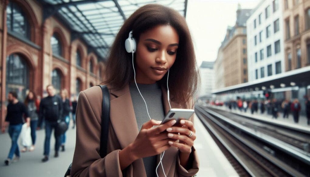 Jovem interagindo no celular com fones de ouvido