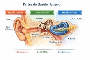 Quando as ondas sonoras chegam, o tímpano vibra na mesma frequência do som e transmite essa vibração aos ossos do ouvido médio. 